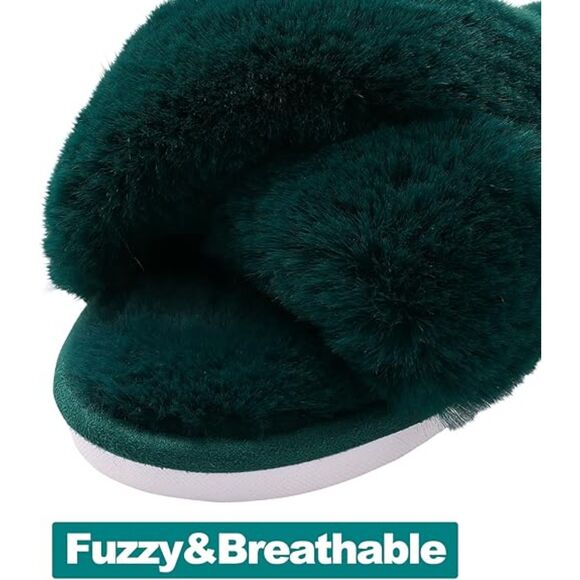 Women's Fuzzy Slippers Cross Band Green Memory Foam House Slippers Open Toe - Picture 3 of 6